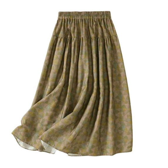 Women's Cotton Linen Skirt Elastic Waisted Ruffle Tiered Midi Skirts Summer Solid Color Vacation Flowy Boho Skirt