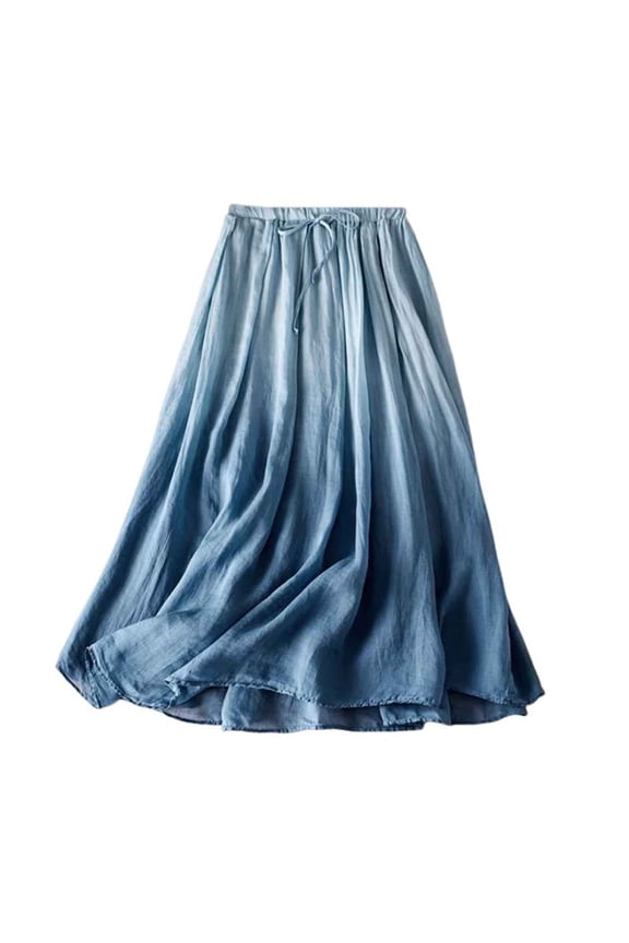 Women's Cotton Linen Skirt Elastic Waisted Ruffle Tiered Midi Skirts Summer Solid Color Vacation Flowy Boho Skirt