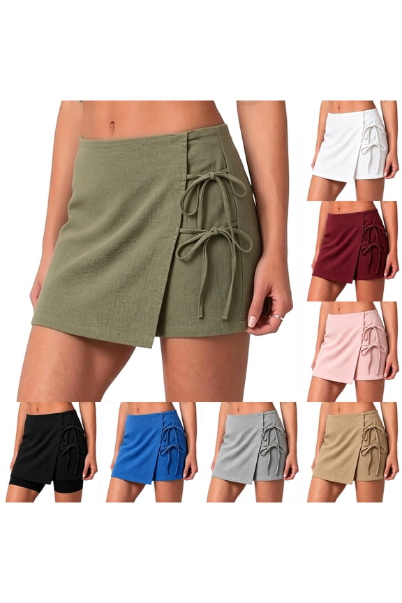 Women's Cotton Linen Skort Front Wrap Elastic Waist Shorts with Pockets, Summer Beach Casual | VerBelle,White 2XL