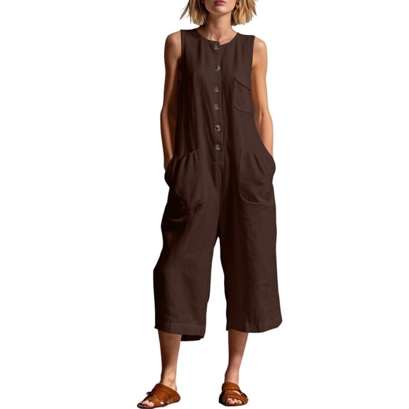 Women's Cotton‑Linen Sleeveless Button‑Front Jumpsuit Crew Neck Solid‑Color Utility Loose Cropped One‑Piece Pants with Multi‑Pockets Brown S(S)
