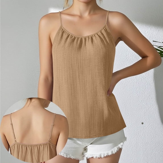 Women's Cotton Linen Sleeveless Cami Adjustable Strap Pleated Tank Top Casual Breathable Summer Top,XL,Khaki