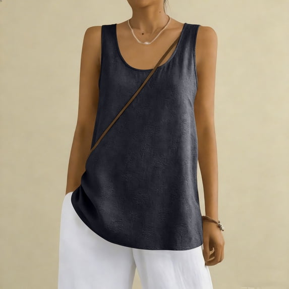 Women's Cotton Linen Sleeveless Camisole Tank Top With Pocket Black XL