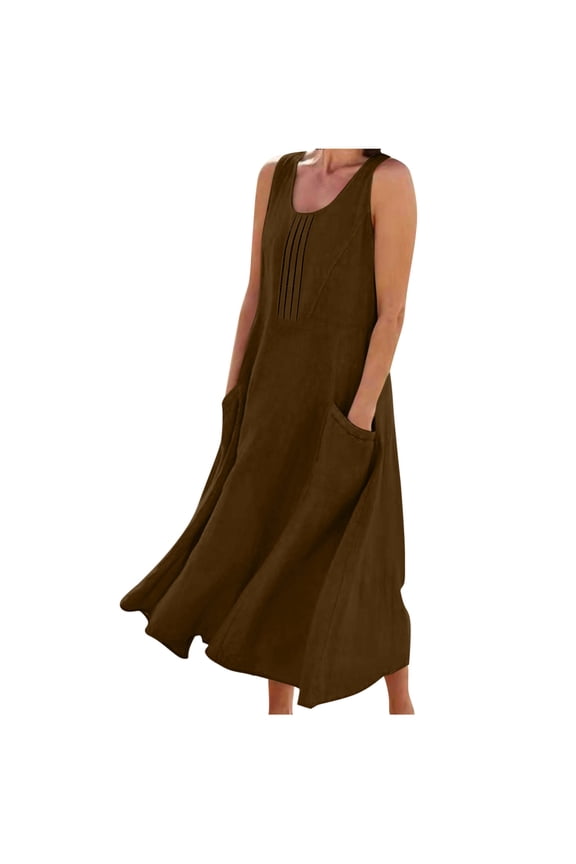 Women's Cotton Linen Sleeveless Dress Crew Neck Pleated Long Dresses Loose Fit Beach Flowy Sundress with Side Pockets,M,Brown