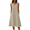 thumbnail image 1 of Women's Cotton Linen Sleeveless Midi Dress V‑Neck Button Detail Casual Summer Loose Dress with Side Pockets Beige XXL(XXL), 1 of 8