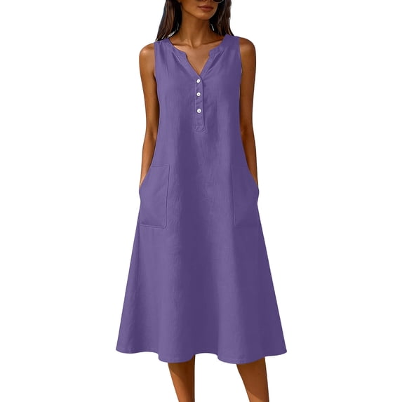 Women's Cotton Linen Sleeveless Midi Dress V‑Neck Button Detail Casual Summer Loose Dress with Side Pockets Purple XL(XL)