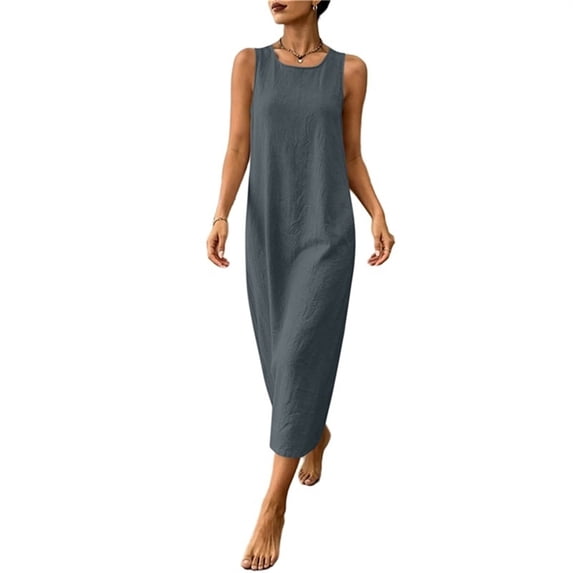 Women's Cotton Linen Sleeveless Round Neck Midi Dress Solid Color Back Zipper Casual Dress with Pockets for Summer Daily Wear Gray L(L)