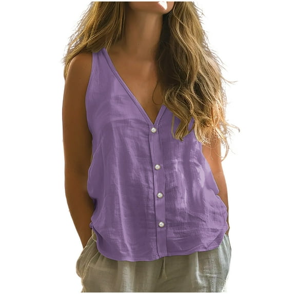 Women's Cotton Linen Sleeveless Shirt - Deep V-Neck Button Tank Top, Breathable Casual Vest for Summer 2025, Trendy Solid Color Tee with Relaxed Fit