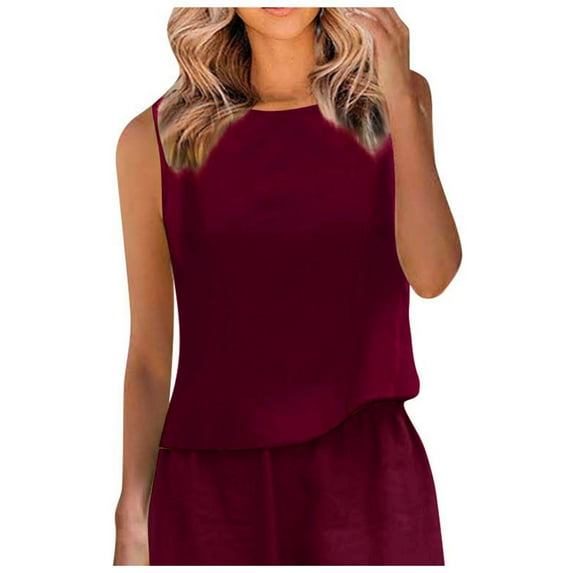 Women's Cotton Linen Sleeveless Shirts Summer Casual Crew Neck Flowy Tops Loose Breathable Lightweight Blouses (XL, Wine)