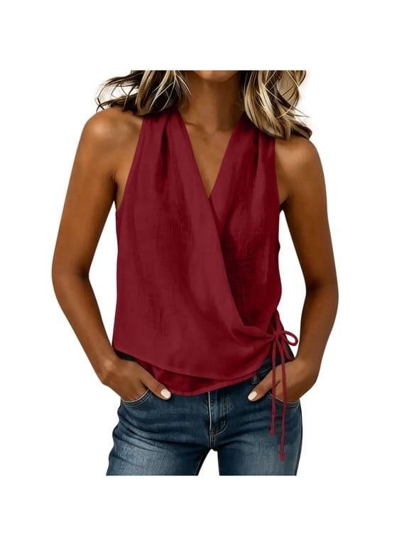Women's Cotton Linen Sleeveless Wrap Tank Top, V Neck Cross Front with Side Tie Closure and Lightweight Breathable Fabric, for Summer Vacation or Casual Daily Wear Wine XXXL
