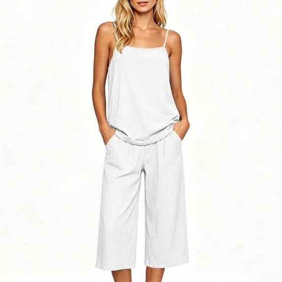 Women's Cotton Linen Solid Color 2-Piece Outfit Adjustable Spaghetti Strap Top Cropped Pants Casual Set White XXL(XXL)