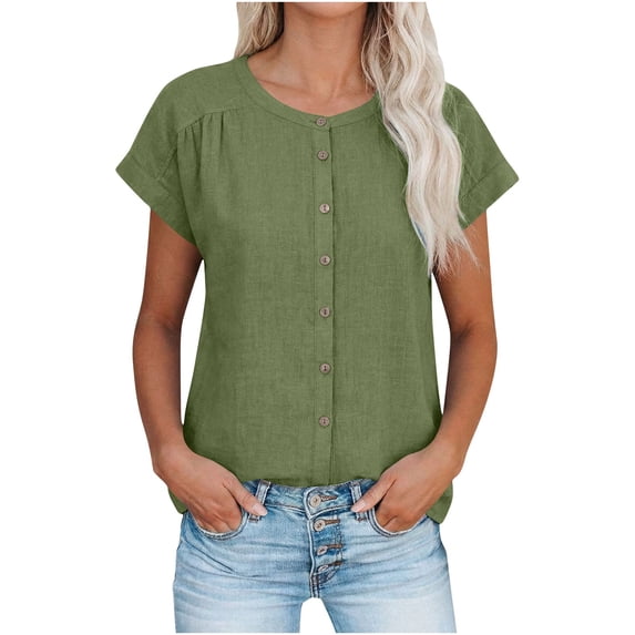 Women's Cotton-Linen Solid Raglan-Sleeve Button-Front Shirt - Breathable Casual Everyday & Office Wear