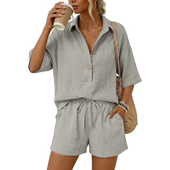 Women's Cotton Linen Solid Two Piece Outfit Casual Stylish Short Sleeve Shirt With Elastic Waist Shorts Breathable Lightweight Comfortable Summer Daily Wear Light Gray XXL