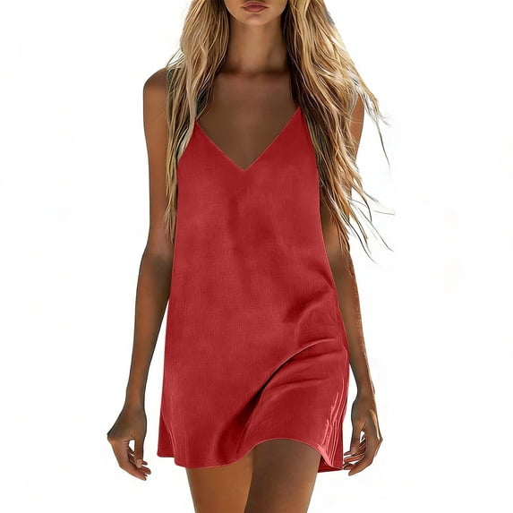 Women's Cotton Linen Spaghetti Dress Adjustable Strap V Neck Solid Color Mini Dresses with Pockets Red