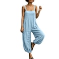 thumbnail image 1 of Women's Cotton‑Linen Spaghetti Strap Jumpsuit Solid‑Color Sleeveless Loose Harem‑Leg One‑Piece Pants with Side Pockets Blue M(M), 1 of 8