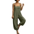 thumbnail image 1 of Women's Cotton‑Linen Spaghetti Strap Jumpsuit Solid‑Color Sleeveless Loose Harem‑Leg One‑Piece Pants with Side Pockets Green L(L), 1 of 8
