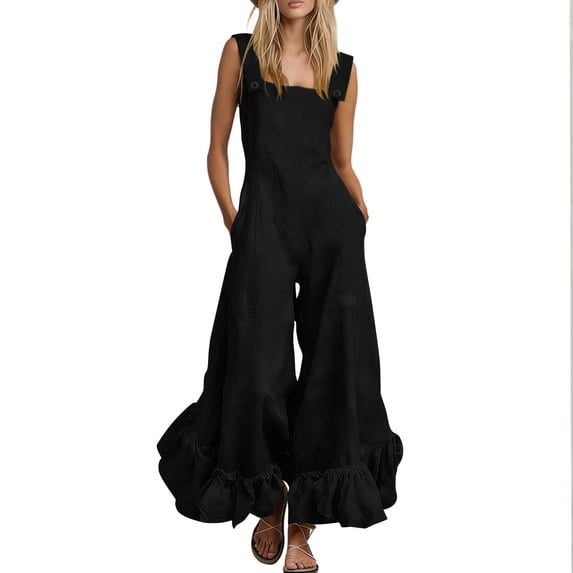 Women's Cotton‑Linen Spaghetti Strap Wide‑Leg Jumpsuit Sleeveless Square Neck Ruffle Hem One‑Piece Pants with Side Pockets Black L(L)