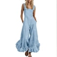 thumbnail image 1 of Women's Cotton‑Linen Spaghetti Strap Wide‑Leg Jumpsuit Sleeveless Square Neck Ruffle Hem One‑Piece Pants with Side Pockets Light Blue M(M), 1 of 6