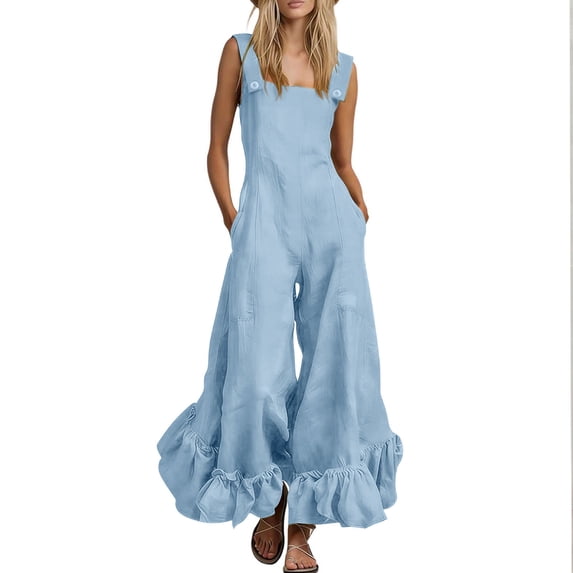 Women's Cotton‑Linen Spaghetti Strap Wide‑Leg Jumpsuit Sleeveless Square Neck Ruffle Hem One‑Piece Pants with Side Pockets Light Blue M(M)