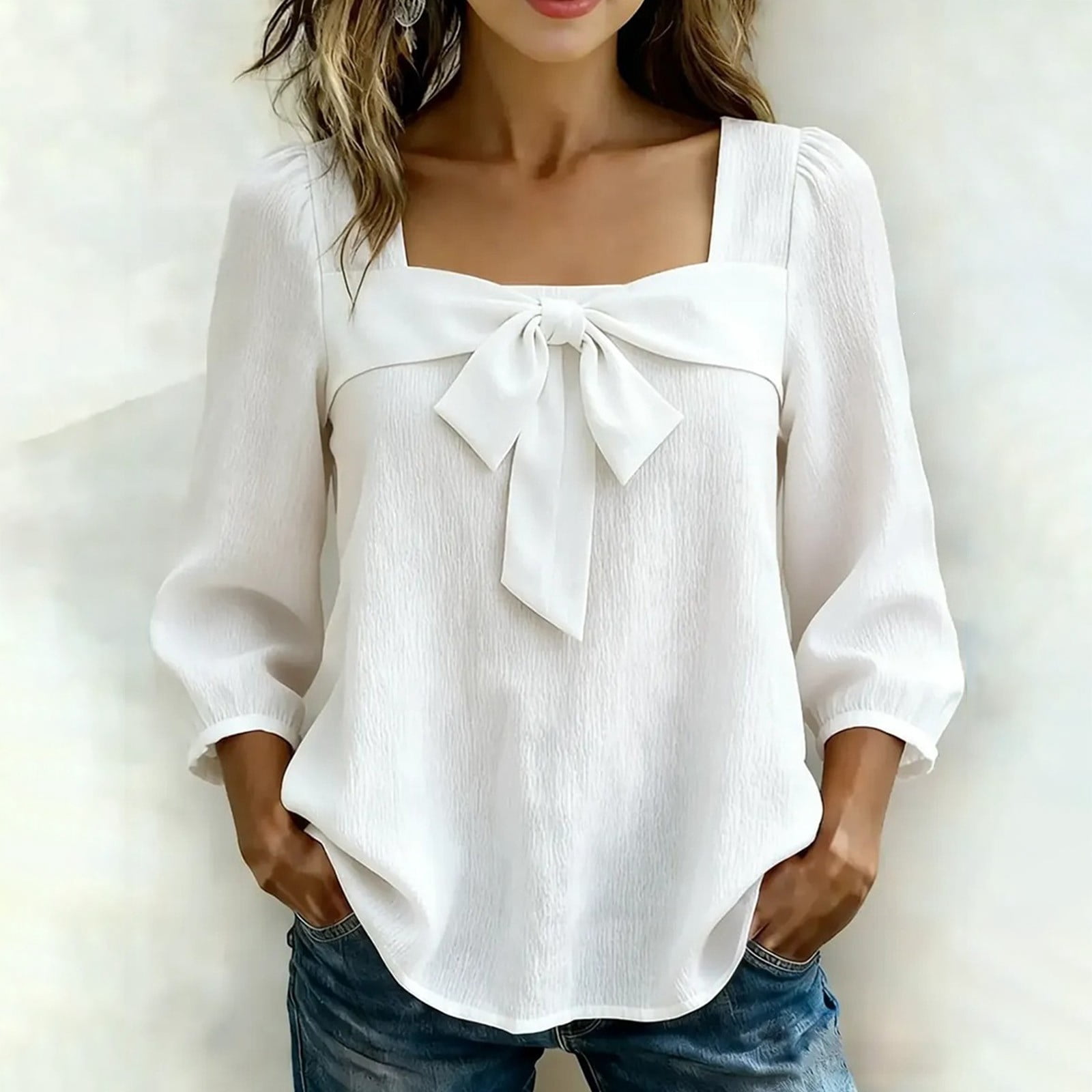 トップス linen ribbon puff blouse bou.design Women's Cotton Linen Square Neck Bow Knot Decor 3/4 Puff Sleeve