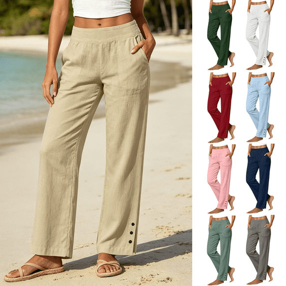 Women's Cotton Linen Straight Leg Pants, Mid Waisted Pants with Pockets, Side Slit, Summer Beach Vacation Travel Casual Wear | VerBelle,Light Blue M