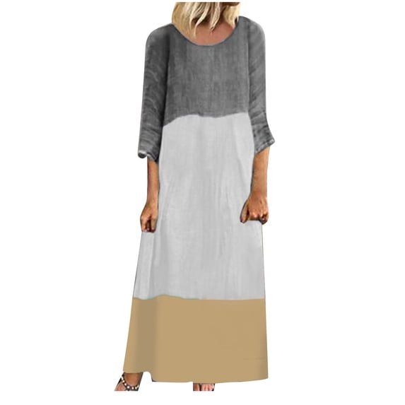 Women's Cotton Linen Summer Long Maxi Dress Casual Comfy Patchwork Daily Dresses Loose 3/4 Sleeve Beach Sundress