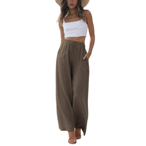 Women's Cotton Linen Summer Palazzo Pants Flowy Wide Leg Beach Trousers with Pockets(Apricot-M)