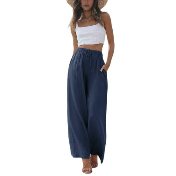 Women's Cotton Linen Summer Palazzo Pants Flowy Wide Leg Beach Trousers with Pockets(Apricot-M)