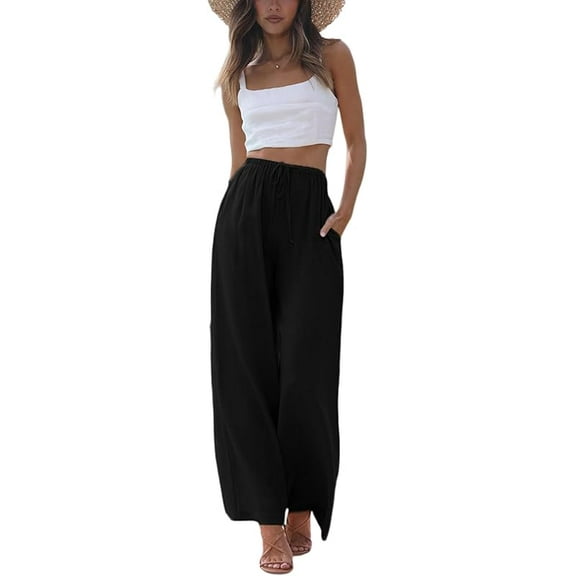 Women's Cotton Linen Summer Palazzo Pants Flowy Wide Leg Beach Trousers with Pockets