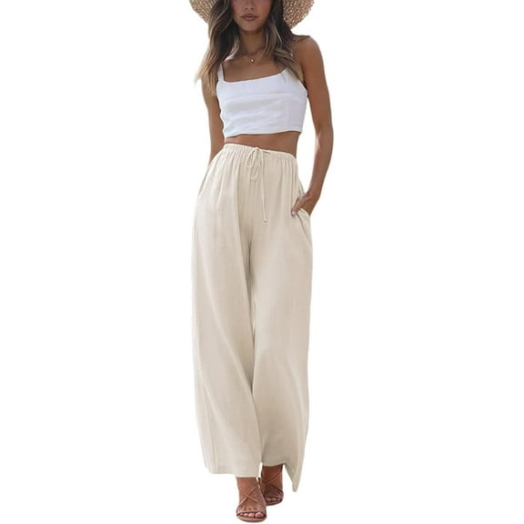 Women's Cotton Linen Summer Palazzo Pants Flowy Wide Leg Beach Trousers with Pockets