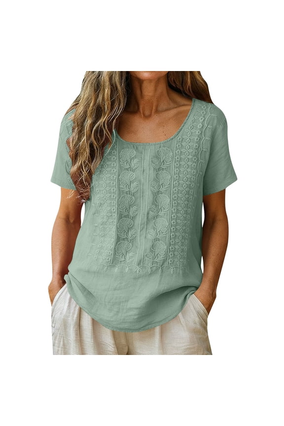 Women's Cotton Linen Summer Tops Casual Crewneck Sleeveless/Short Sleeve Embroidered T-Shirts Fashion Pullover Beach Tees Green XXL
