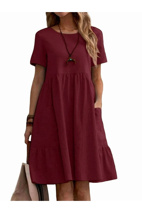 Women's Cotton Linen T-Shirt Dress, Casual Loose Fit Short Sleeve Midi Dress with Pockets for Summer Wine Red XL