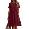 thumbnail image 1 of Women's Cotton Linen T-Shirt Dress, Casual Loose Fit Short Sleeve Midi Dress with Pockets for Summer Wine Red XXXL, 1 of 7