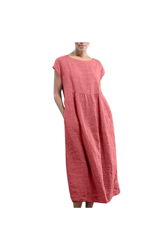 Women's Cotton Linen T-Shirt Dress Sleeveless Crew Neck Summer Dresses Loose Baggy Kaftan Long Dress With Pockets