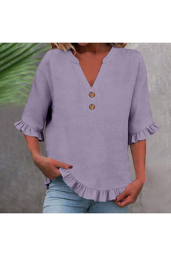 Women's Cotton Linen T-Shirt, Mid Sleeve Ruffle Hem Blouse, Solid Color Casual Summer Top, Loose Ruffle Sleeve and Hem Tunic, Boho Summer Top Purple S