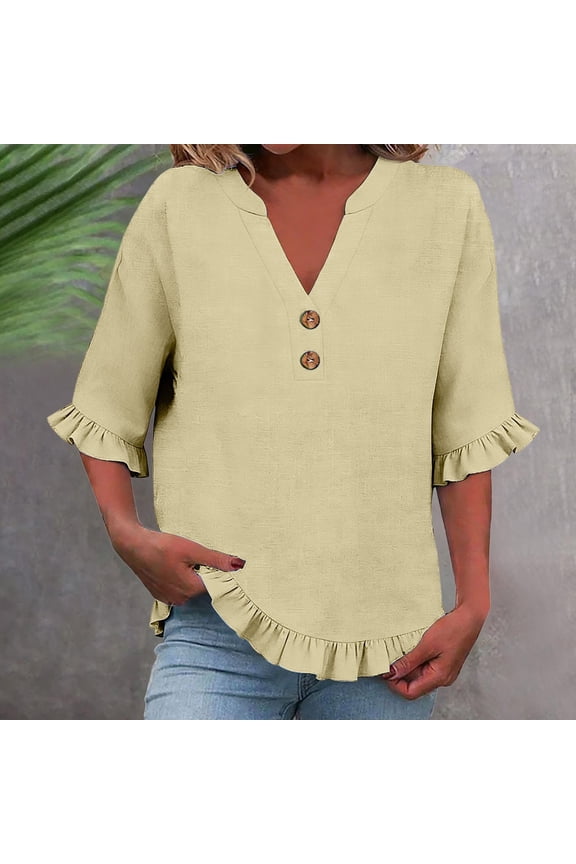 Women's Cotton Linen T-Shirt, Mid Sleeve Ruffle Hem Blouse, Solid Color Casual Summer Top, Loose Ruffle Sleeve and Hem Tunic, Boho Summer Top Beige L