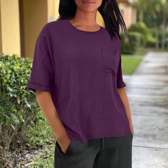 Women's Cotton Linen T-Shirts Casual Short Sleeved Shirt Fashion Solid Imitation Linen Blouses with Chest Pocket Slit Hem Tee Shirt Pullover Top
