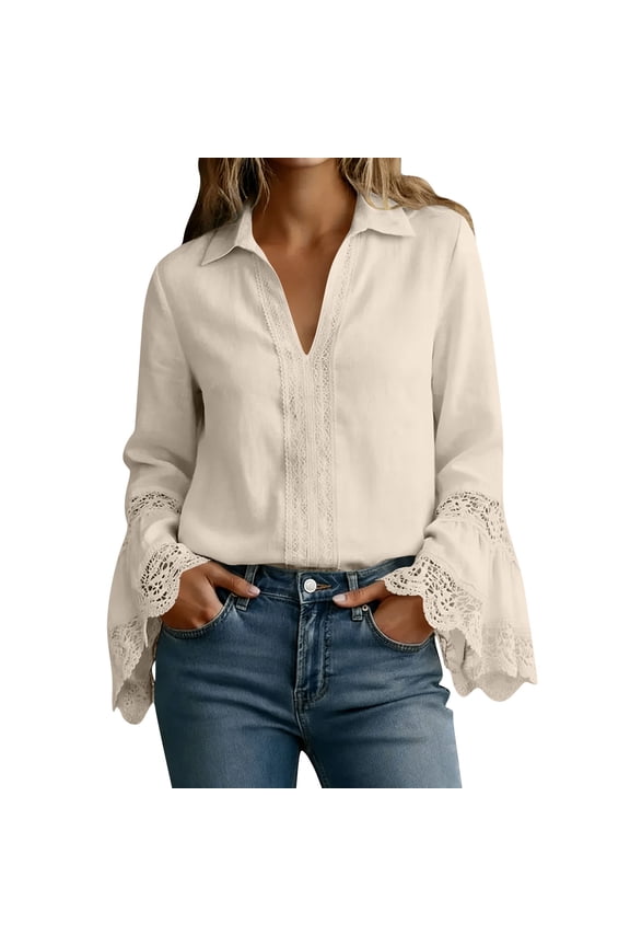 Women's Cotton Linen T-Shirts Long Bell Sleeve Ruffle Trim Casual Tee Shirts Casual Lightweight Summer Vacation Blouse Tops