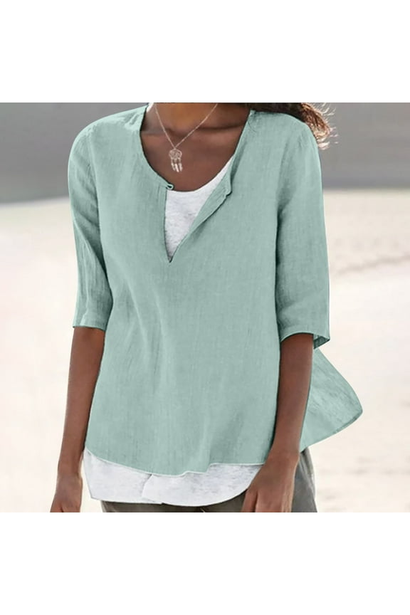 Women's Cotton Linen T Shirts Loose Fit Tunic Plus Size 3/4 Length Sleeve Fall Fashion Trendy Casual Peplum Going Out Tops for Women Workout Athletic Outfits