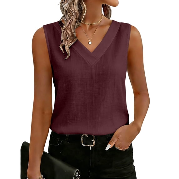 Women's Cotton Linen Tank Tops Loose V Neck Sleeveless Shirts Summer 2026 Deep Red 2XL