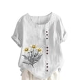 thumbnail image 1 of Women's Cotton Linen Tees Crew Neck Short Sleeve Tunic Tops Floral Casual Loose Fit Shirts Button Down T -shirts (White,XL), 1 of 5