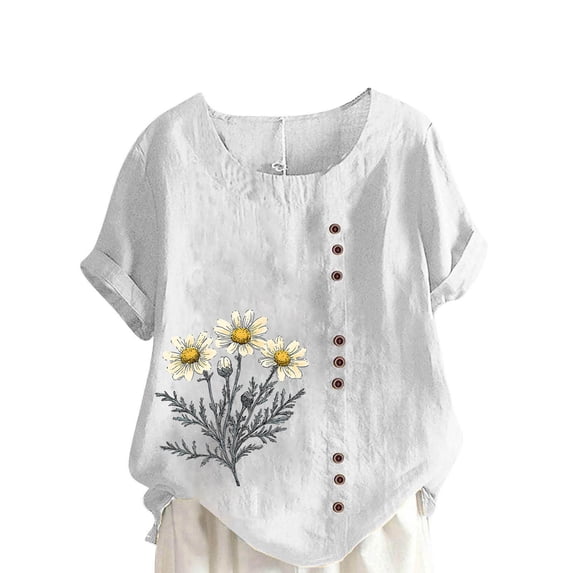 Women's Cotton Linen Tees Crew Neck Short Sleeve Tunic Tops Floral Casual Loose Fit Shirts Button Down T -shirts (White,XL)