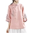 thumbnail image 1 of Women's Cotton Linen Tees Retro Frog Button Tops Mandarin Collar Blouse Embroidery Long Sleeve Trendy Shirts, 1 of 5