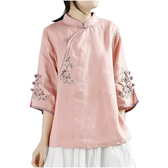 Women's Cotton Linen Tees Retro Frog Button Tops Mandarin Collar Blouse Embroidery Long Sleeve Trendy Shirts