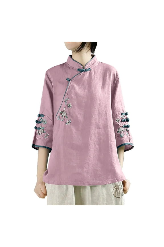 Women's Cotton Linen Tees Retro Frog Button Tops Mandarin Collar Blouse Embroidery Long Sleeve Trendy Shirts