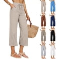 thumbnail image 1 of Women's Cotton Linen Three Quarter Pants High Waisted Solid Color Casual, 1 of 9