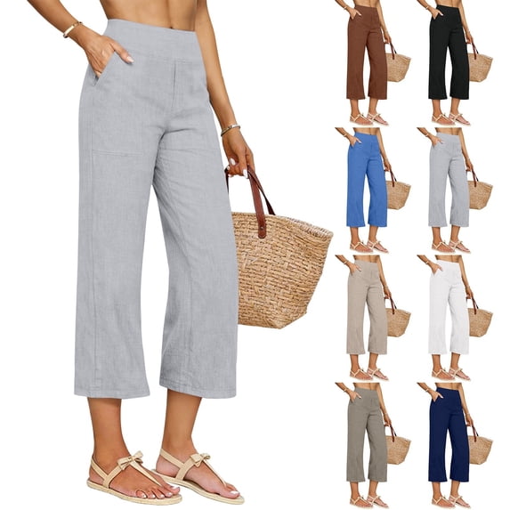 Women's Cotton Linen Three Quarter Pants High Waisted Solid Color Casual