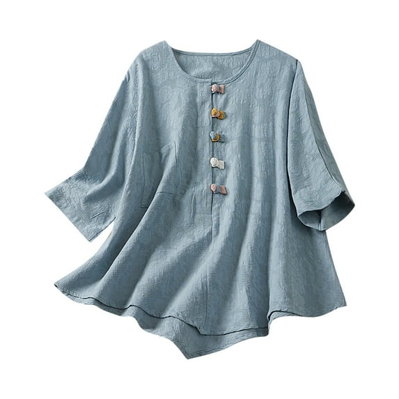 Women's Cotton Linen Top Button Short Sleeve Shirts Summer Loose Crew Neck Fall Tops Vintage Embroidered Blouse orders placed Blue M