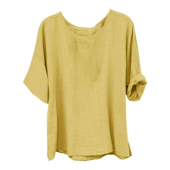 Women's Cotton Linen Top Short Sleeve Crew Neck Oversized Boho Blouse with Side Slit - Summer Casual | Yubnlvae (Yellow | L)
