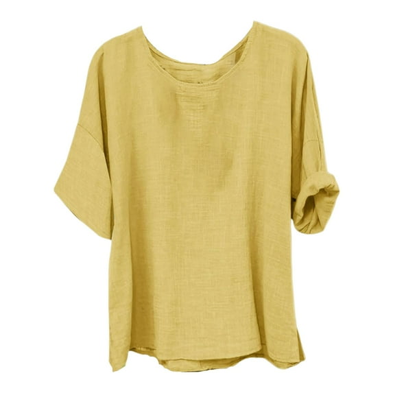 Women's Cotton Linen Top Short Sleeve Crew Neck Oversized Boho Blouse with Side Slit - Summer Casual | Yubnlvae (Yellow | XXL)