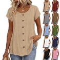 thumbnail image 1 of Women's Cotton Linen Top, Short Sleeve Round Neck Button Down Long Length Cardigan, Cute & Casual Summer Shirt for Layering, Beach Cover Up, and Vacation Wear-Blackish Green, 1 of 7